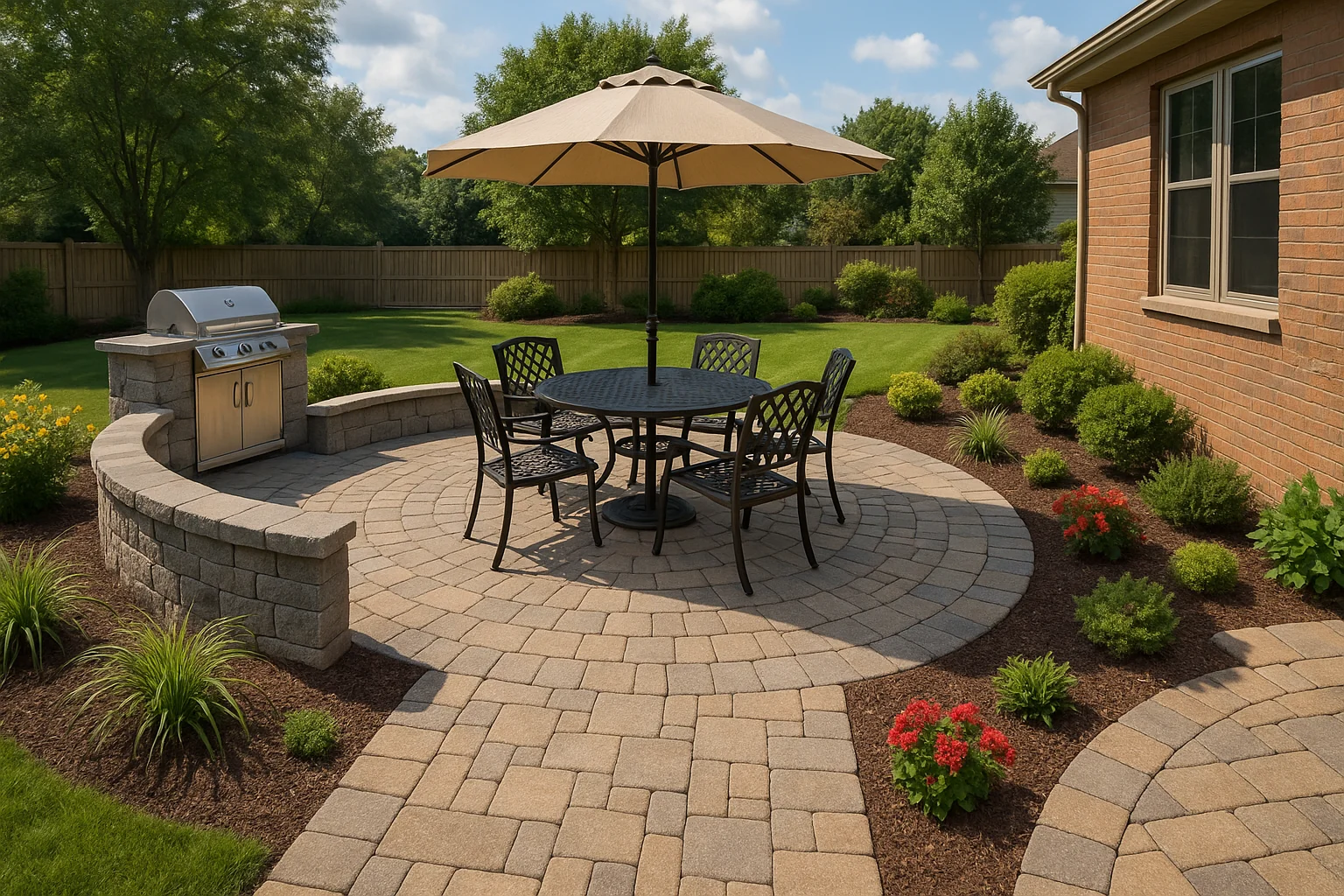 Finished paver patio with seating wall and steps installed by Worthy Landscaping.