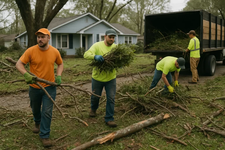 Debris and junk removal after a storm — Worthy Landscaping crew hauling branches and brush to a dump truck in front of a home.