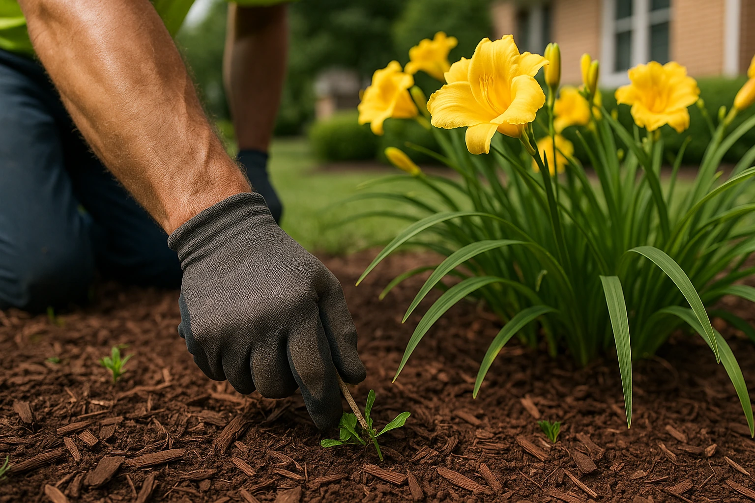 Worthy Landscaping tending daylilies with fresh mulch—precision weeding, edging, mulching, and debris cleanup.
