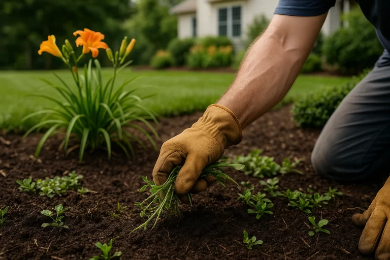 Worthy Landscaping removing grassy weeds in a garden bed—thorough weeding, edging, mulching, and debris cleanup