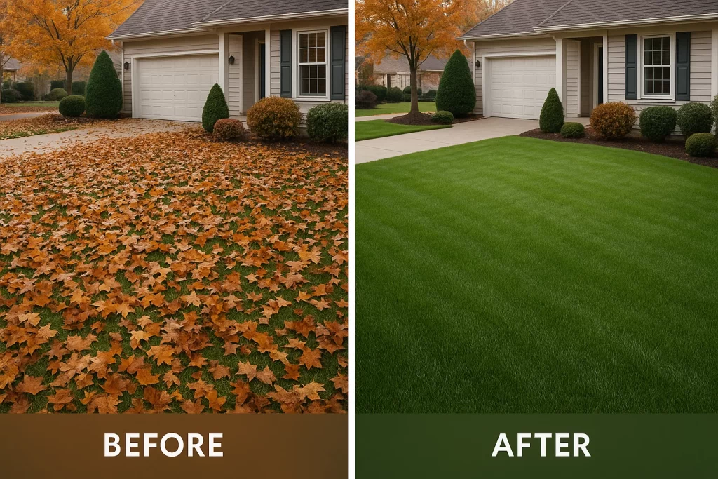 Simulated before and after for a property receiving a Leaf Removal Service.
