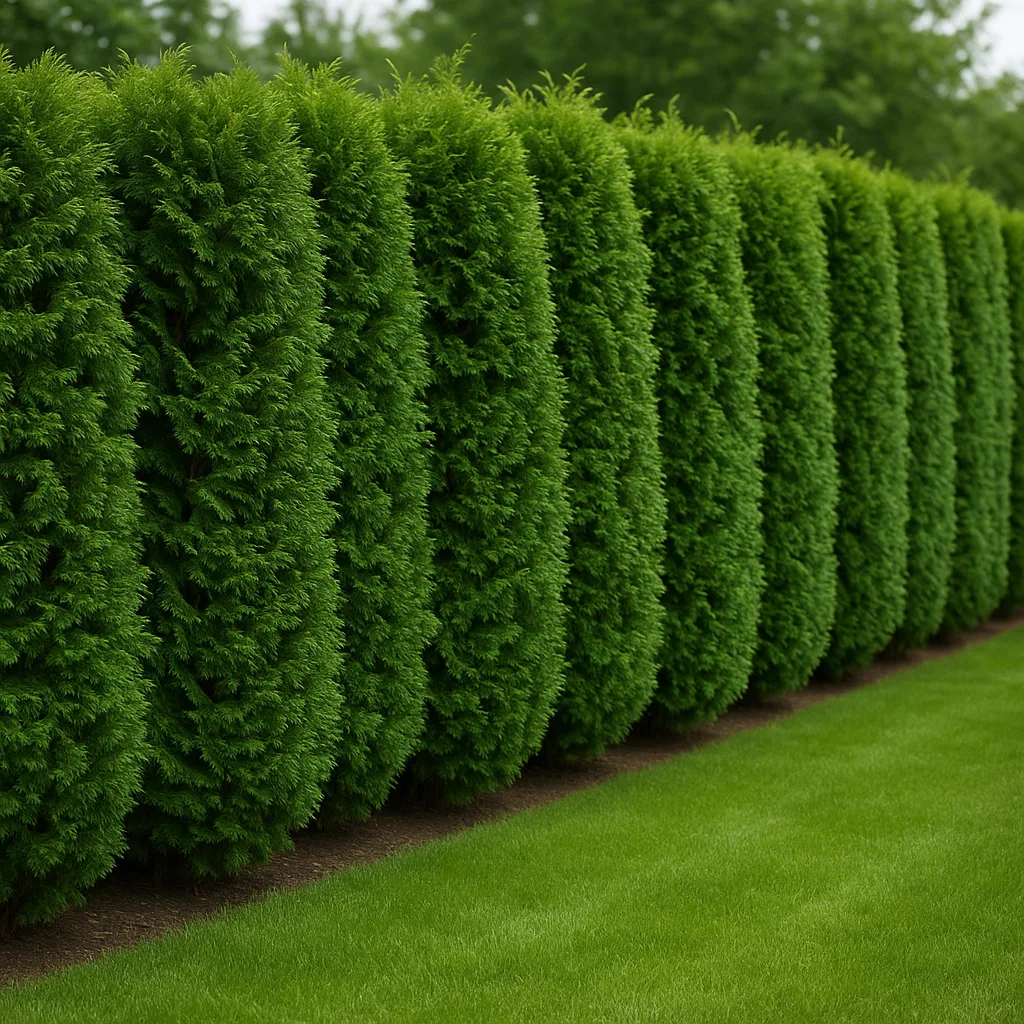 Crisp evergreen hedge lines on boxwood, yew, holly, arborvitae, and privet