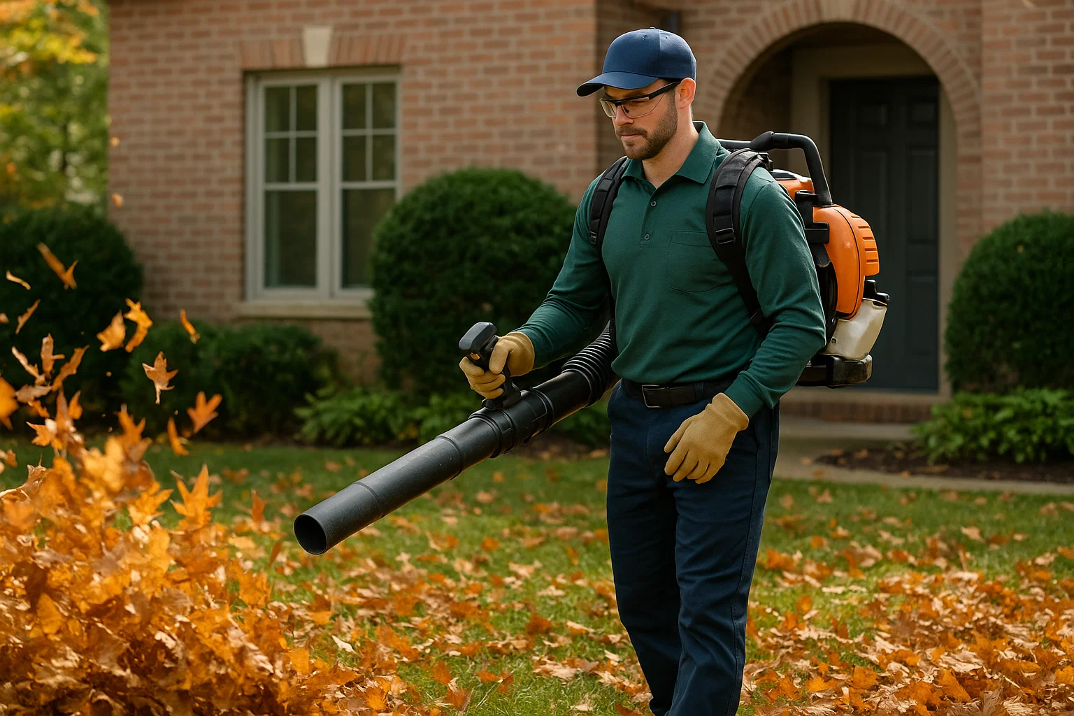 Fall cleanup crew removing leaves from a lawn in Montgomery County, PA