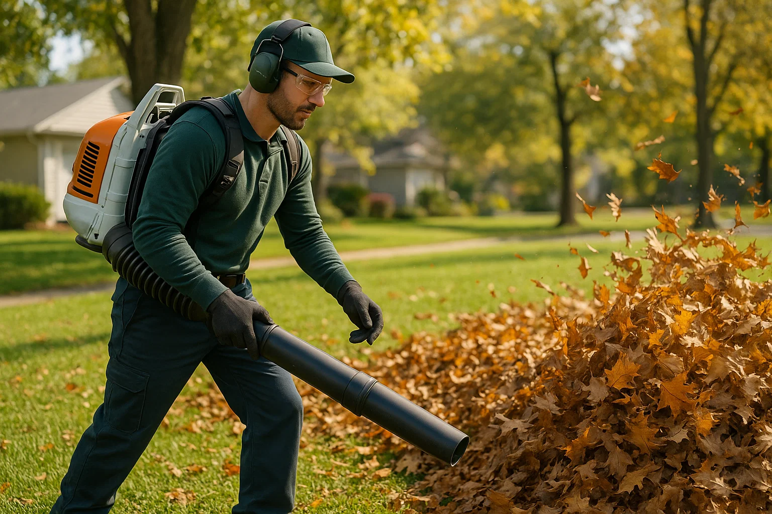 Leaf removal along garden beds and walkways