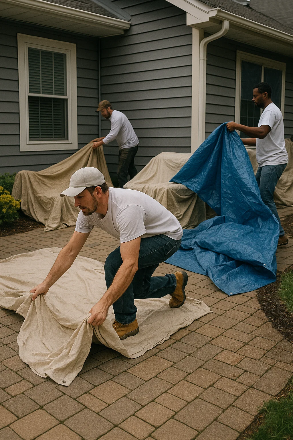 Tarps protecting pavers and flower beds during trimming — Worthy Landscaping, Montgomery County, PA