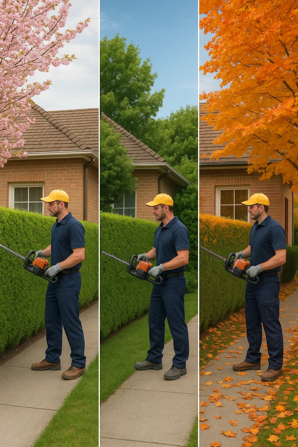 Same hedge maintained across spring, summer, and fall — seasonal plans by Worthy Landscaping, Montgomery County, PA