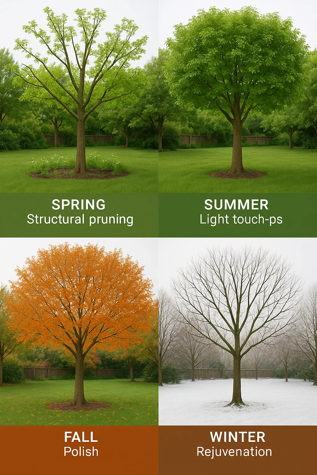 Tree across seasons showing structural pruning, light touch-ups, and rejuvenation — Worthy Landscaping, Montgomery County, PA