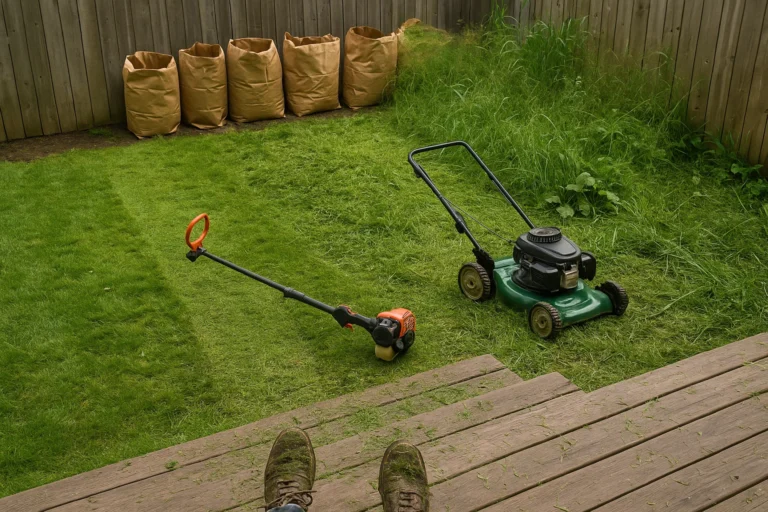 cutting a clean trench that separates the grass from a mulched planting border.
