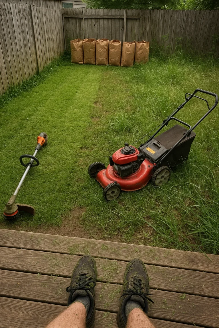 mower parked at the transition line where lush cut turf meets overgrown blades.