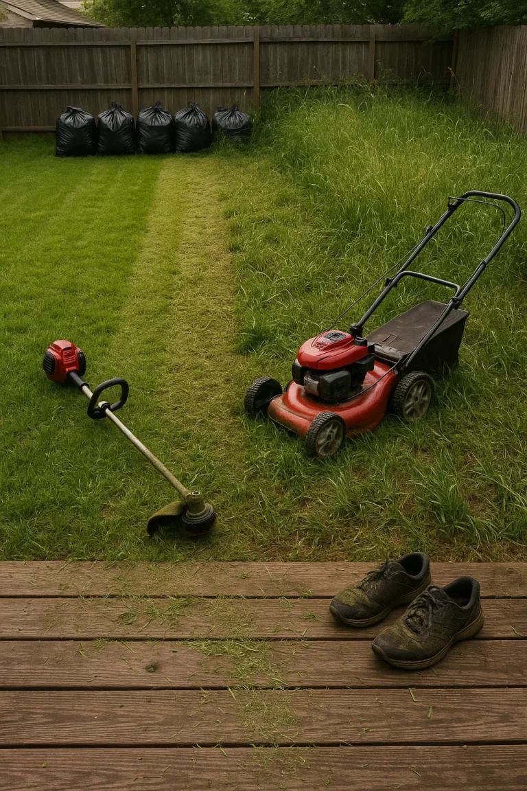 Worthy Landscaping truck and mower framed together as the team finishes a weekly mow.