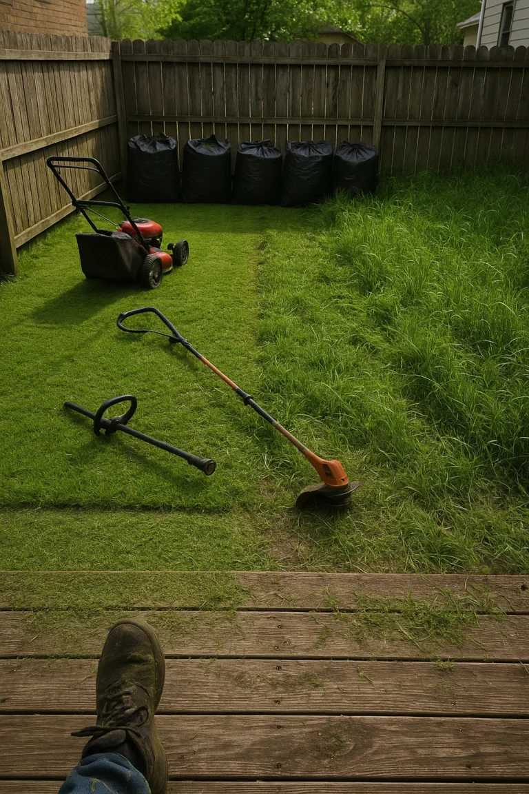 trimming thick grass along the fence and deck edges for a cleaner perimeter.