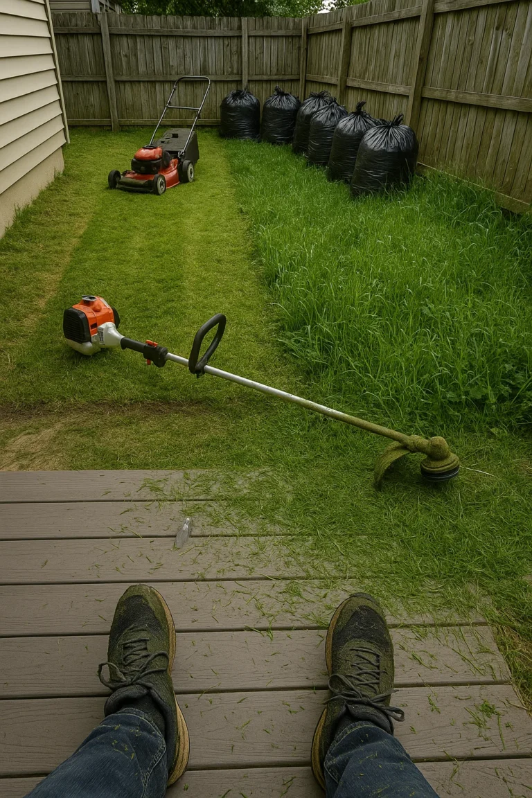 pushing a mower through dense patches to prepare the yard for final leveling passes.