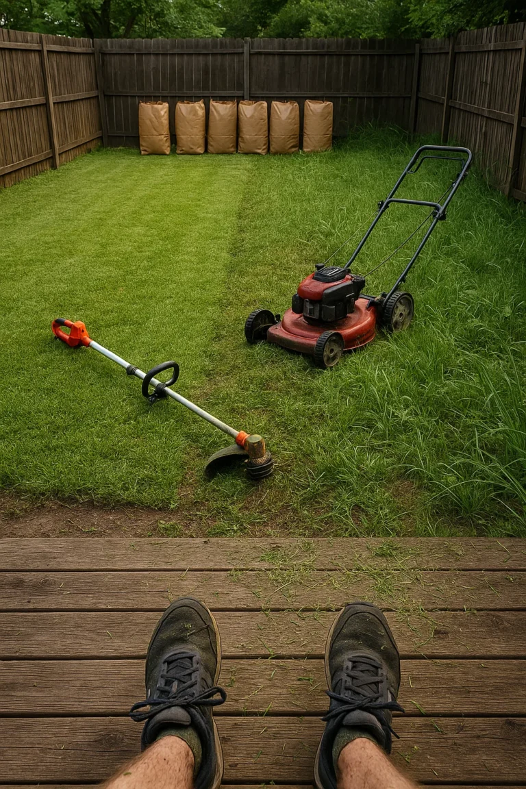 mower working along the driveway edge while the branded truck reinforces name recognition.