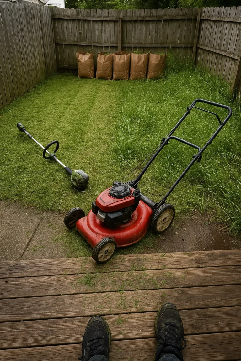 working in stages so overgrown grass is reduced without scalping or damaging the lawn.