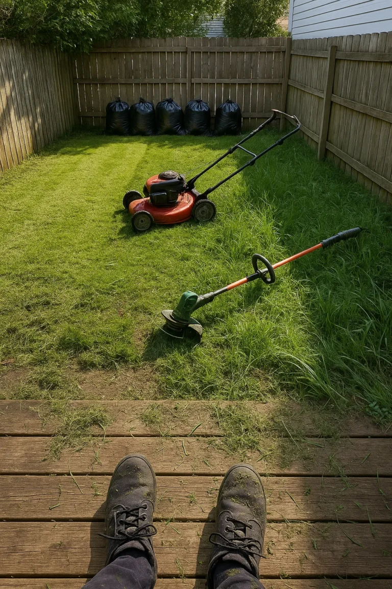 operator steering the stand‑on unit across vibrant green grass under soft overcast light.