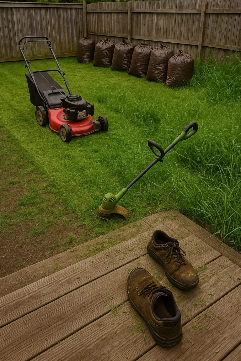shaping a trench beside the patio so mulch stays off pavers and walkways.