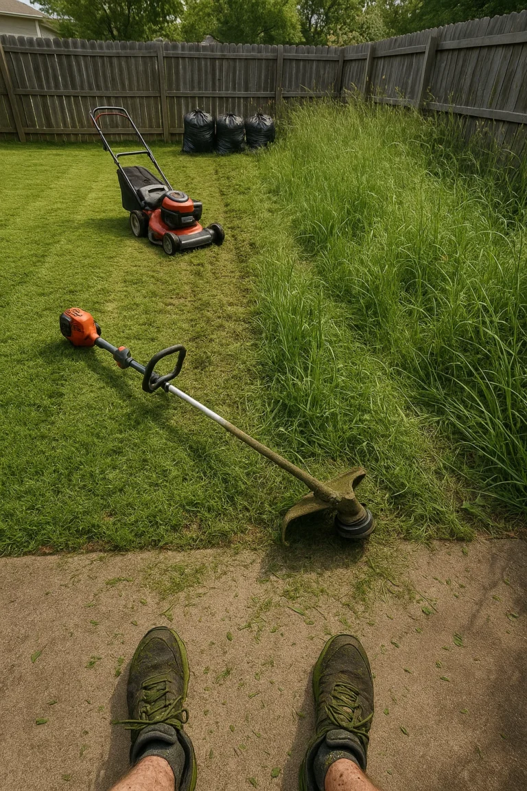 mower positioned in front of the Worthy truck as part of a full maintenance route.