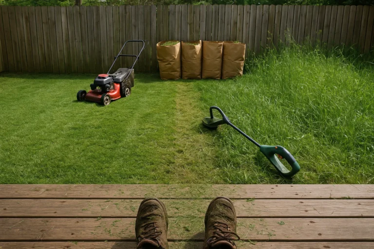 professional operator guiding a yellow mower across thick turf for a clean residential cut.