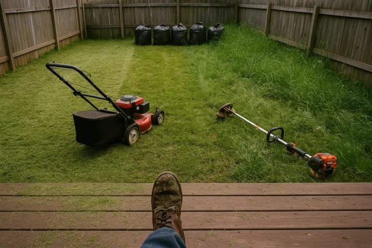 midway through a cleanup where one half of the grass is trimmed and the other still stands high.