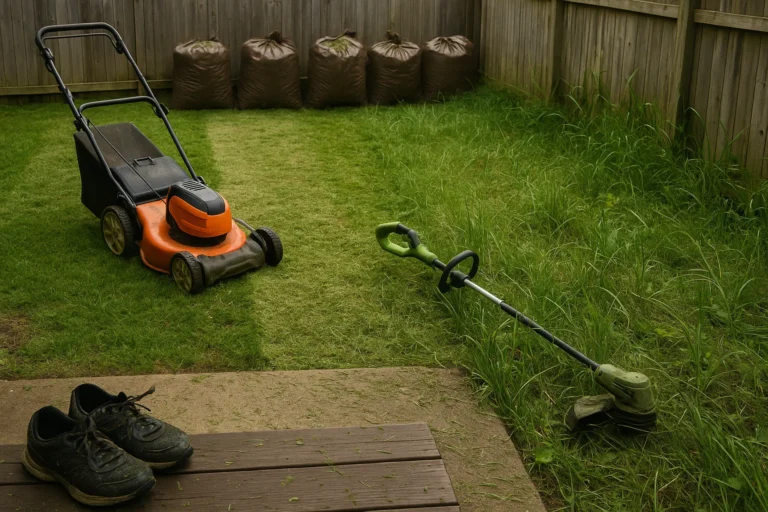 recutting the garden bed line to restore a crisp boundary along the front lawn.