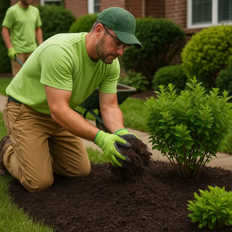 Residential side yard with Japanese maple and shrubs set in dark