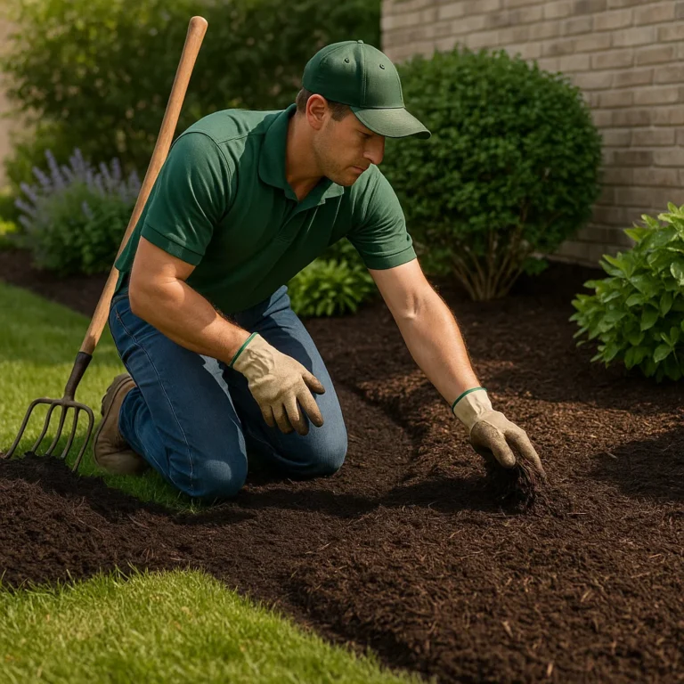 Close view of a mulched planting bed with Japanese maple and layered shrubs. Mulching Services by Worthy Landscaping In Montgomery County.