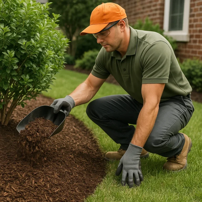 Long side planter with Japanese maple and shrubs over a fresh layer of mulch. Mulching Services by Worthy Landscaping In Montgomery County.