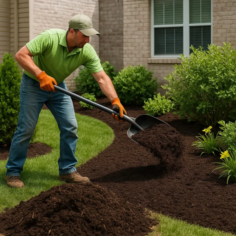 Side view of a home with Japanese maple and shrubs in freshly mulched planters. Mulching Services by Worthy Landscaping In Montgomery County.
