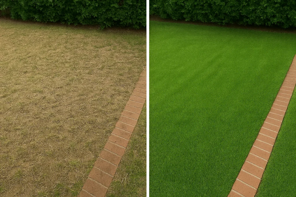 Lawn Aeration Services by Worthy Landscaping In Chester County showing a before-and-after split view of a dry