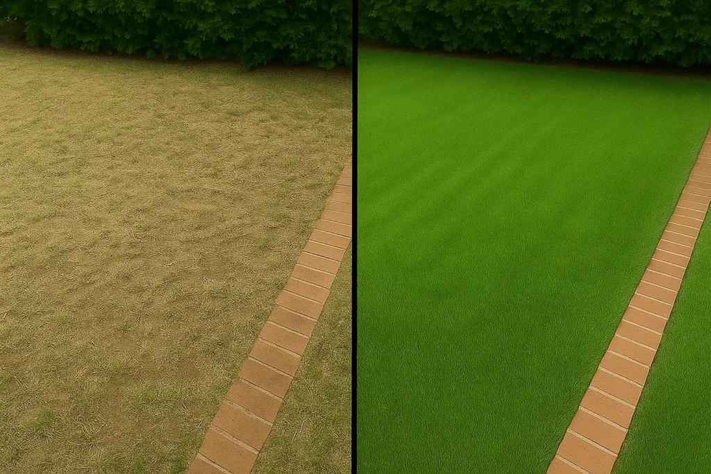 Lawn Aeration Services by Worthy Landscaping In Montgomery County as a worker steers a red aerator toward the camera