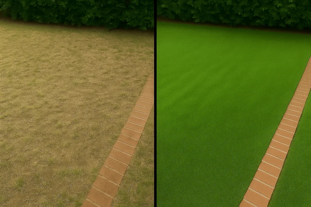 Lawn Aeration Services by Worthy Landscaping In Chester County with a split-screen image of a dull