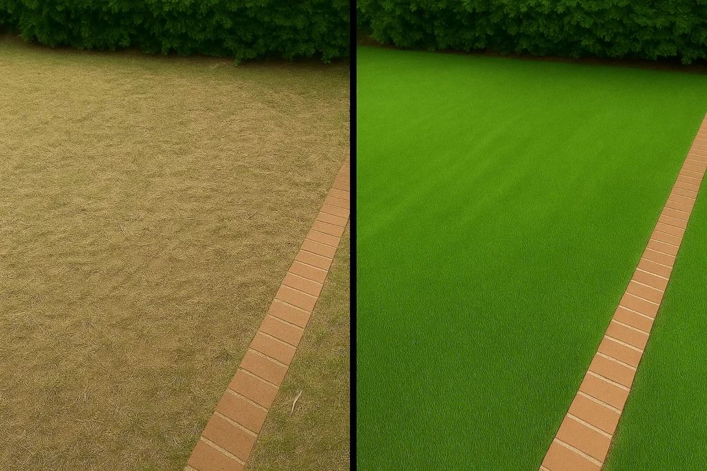 Lawn Aeration Services by Worthy Landscaping In Montgomery County showing soil plugs scattered behind the aerator and a clearly marked company truck parked at the curb in sunset glow.