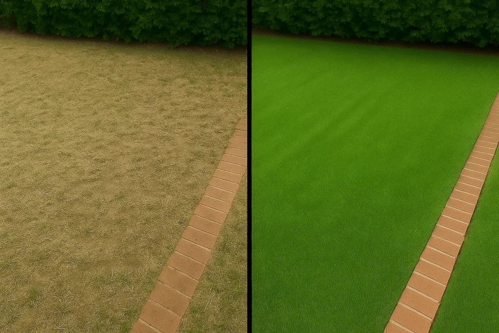 Lawn Aeration Services by Worthy Landscaping In Delaware County featuring the technician using a small tool to point out root depth on a soil plug while homeowners observe.