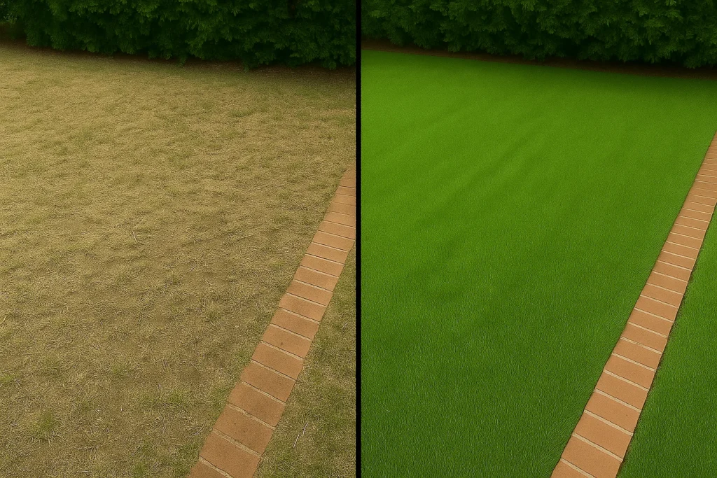 Lawn Aeration Services by Worthy Landscaping In Montgomery County with a technician in logoed shirt aerating a slightly sloped lawn