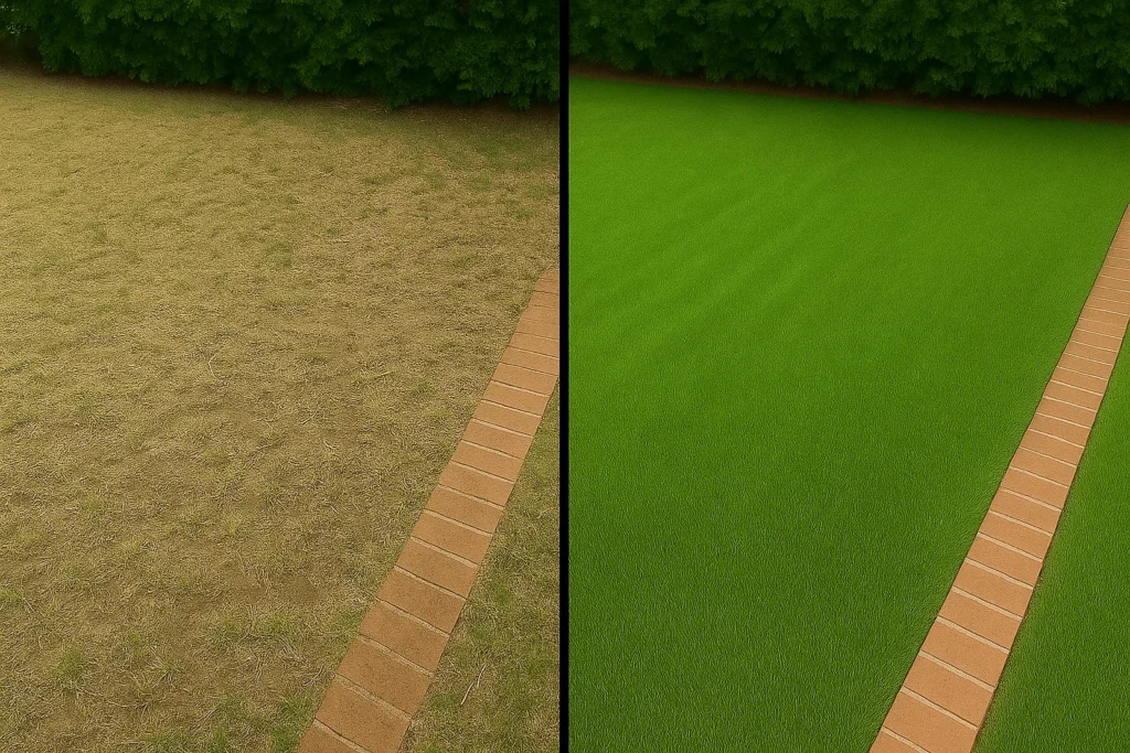 Lawn Aeration Services by Worthy Landscaping In Chester County featuring a before photo with visible bare spots and an after photo with uniform coverage and improved color.