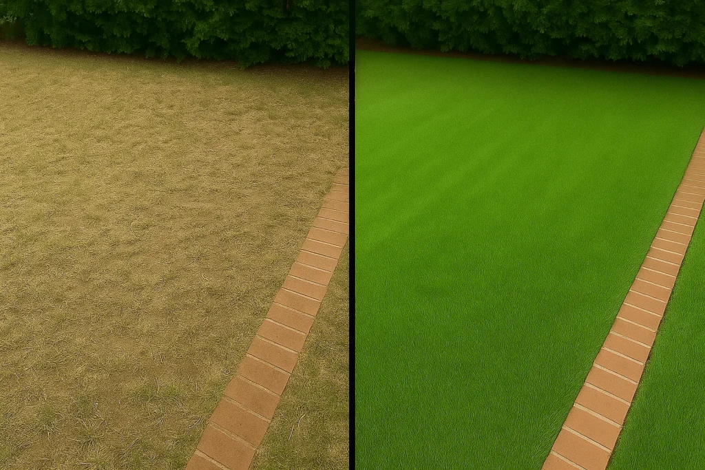 Lawn Aeration Services by Worthy Landscaping In Chester County displaying a timeline-style before image from early season and an after image showing a fully recovered