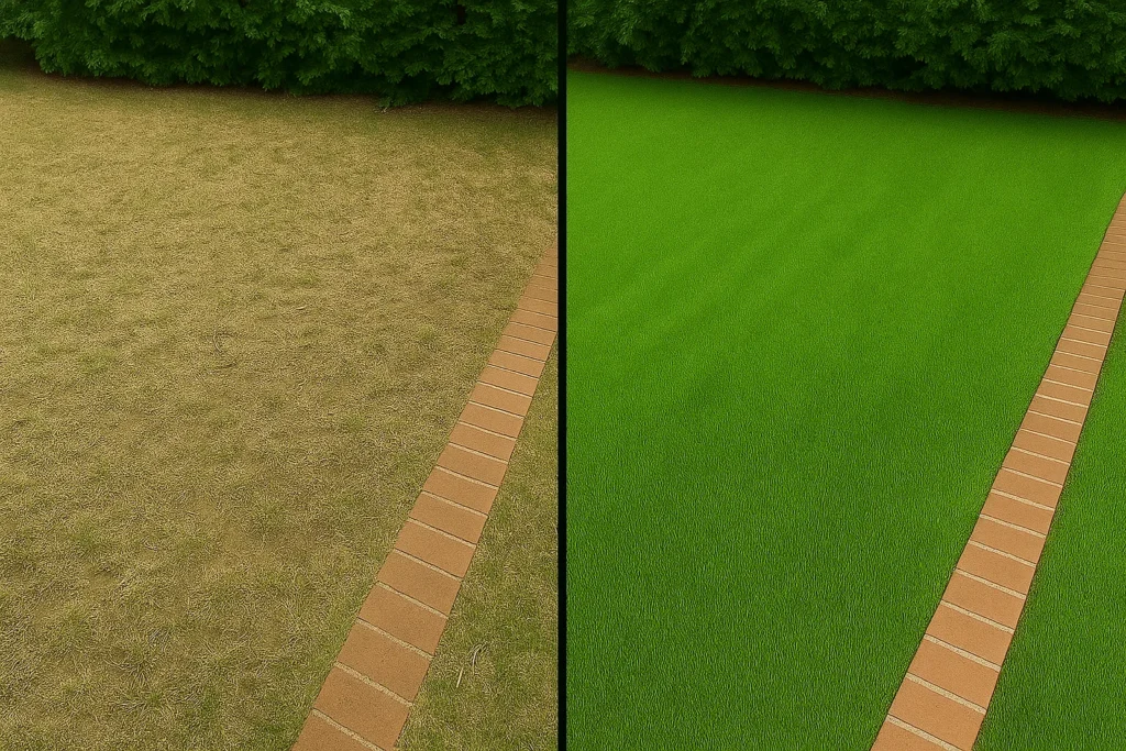 Lawn Aeration Services by Worthy Landscaping In Montgomery County where a technician pushes a core aerator along the driveway edge