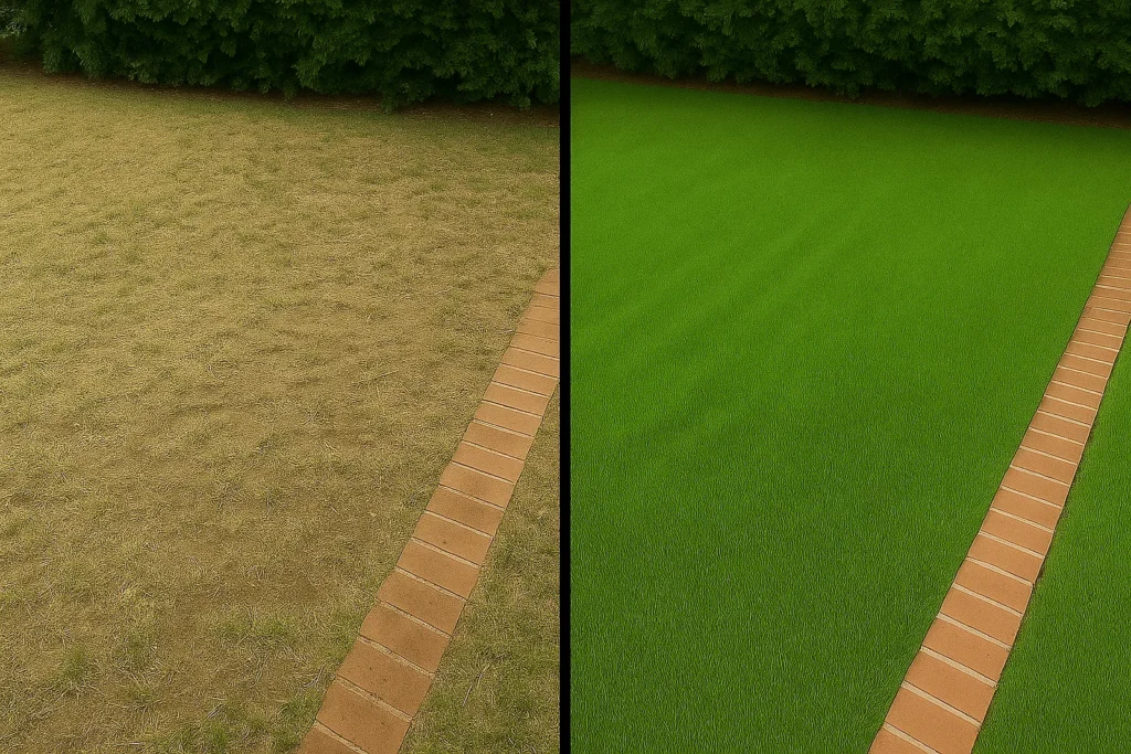 Lawn Aeration Services by Worthy Landscaping In Chester County featuring macro detail of thin turf on one side and dense grass blades on the other after aeration and overseeding.