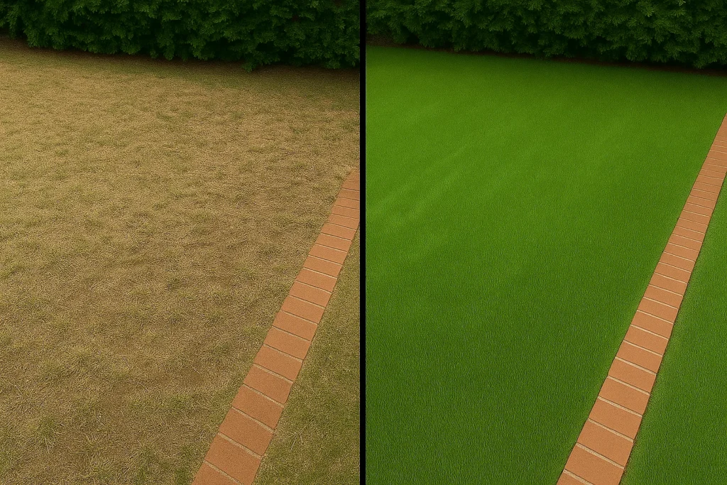 Lawn Aeration Services by Worthy Landscaping In Chester County highlighting the contrast between compacted soil and shallow roots before and a deep-rooted