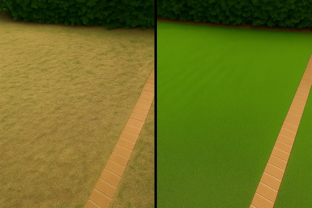 Lawn Aeration Services by Worthy Landscaping In Delaware County with homeowners smiling as they examine soil plugs in the technician’s hand on their freshly aerated lawn.