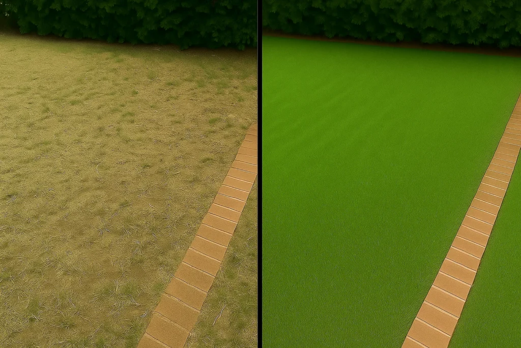 Lawn Aeration Services by Worthy Landscaping In Montgomery County showing a crew member in branded hoodie operating the aerator while a logoed truck is parked under a glowing sky.