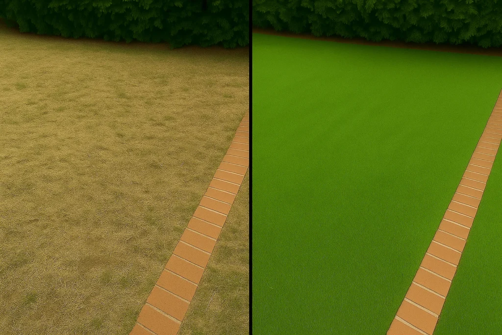 Lawn Aeration Services by Worthy Landscaping In Chester County with close-up before-and-after grass blades