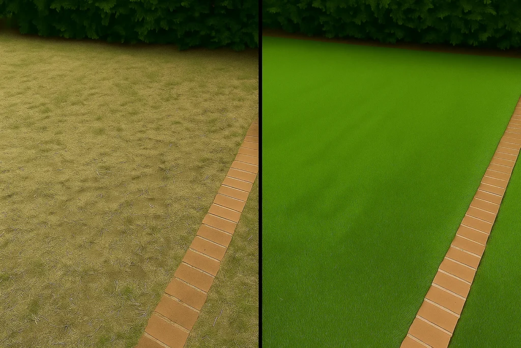 Lawn Aeration Services by Worthy Landscaping In Montgomery County where a red aeration machine moves toward the driveway