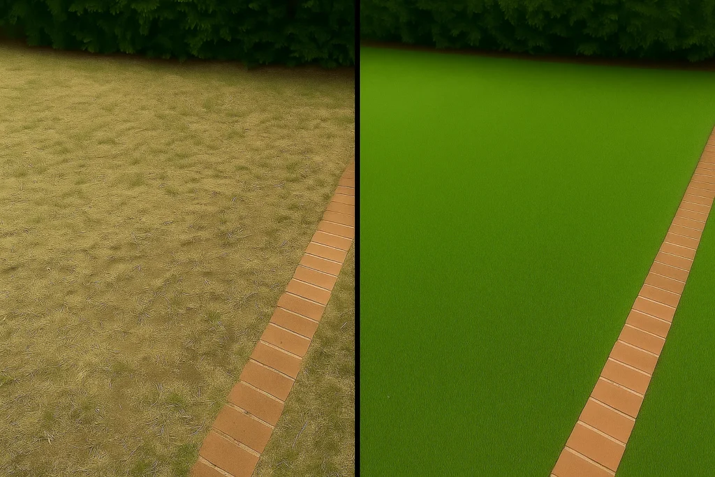 Lawn Aeration Services by Worthy Landscaping In Chester County with photos of a compacted high-traffic area before and a fully recovered