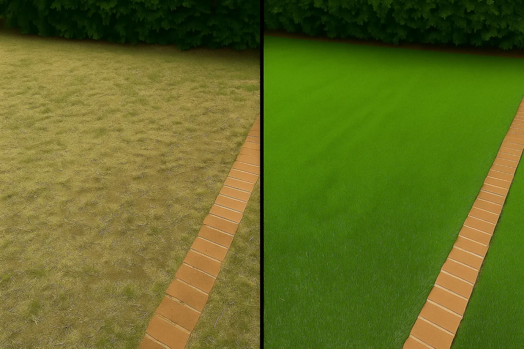 Worthy Landscaping truck and neighborhood homes softly blurred behind.