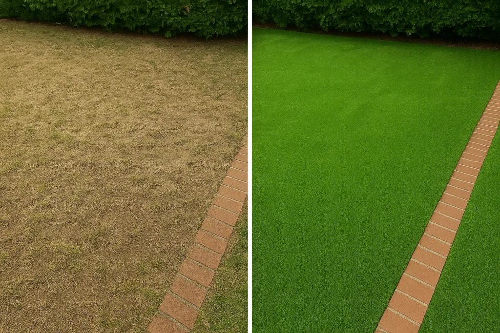 Lawn Aeration Services by Worthy Landscaping In Delaware County featuring a technician in branded shirt demonstrating soil cores to a couple standing near their freshly aerated front yard.