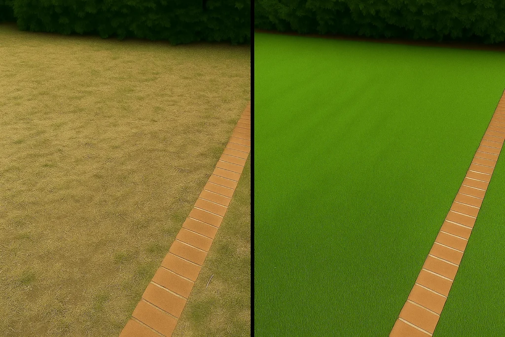 Lawn Aeration Services by Worthy Landscaping In Montgomery County with a crew member creating clean aeration rows across the lawn