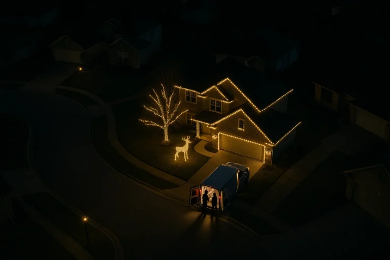Aerial view of a home decorated by Worthy Landscaping with warm white Christmas lights outlining the roof and garage.