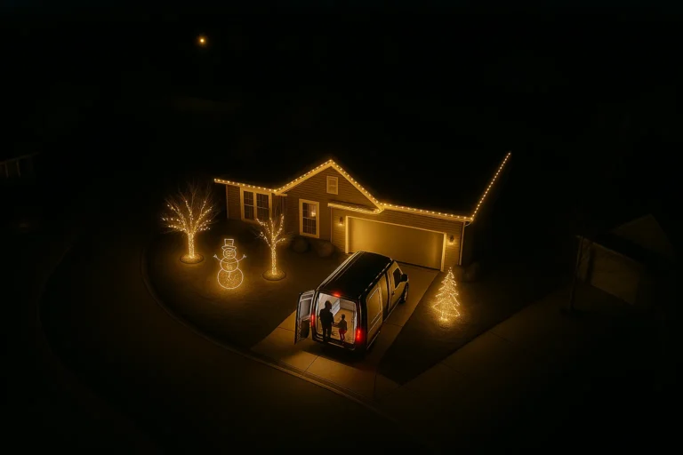 Professional Worthy Landscaping Christmas light installation along a home roofline with warm white bulbs at dusk.