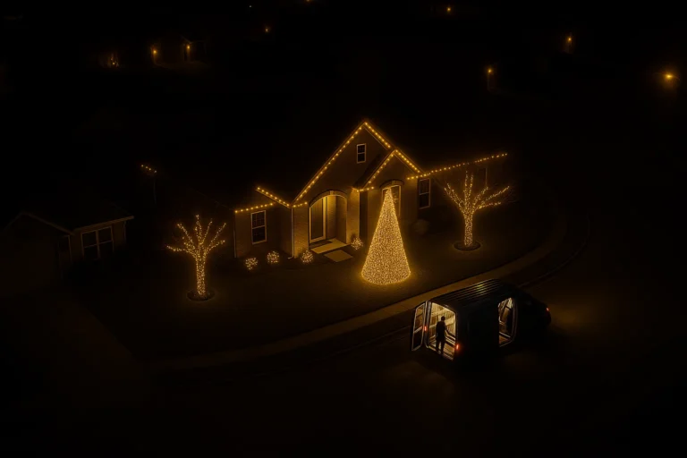 Professional aerial photo of Worthy Landscaping holiday lighting with roof
